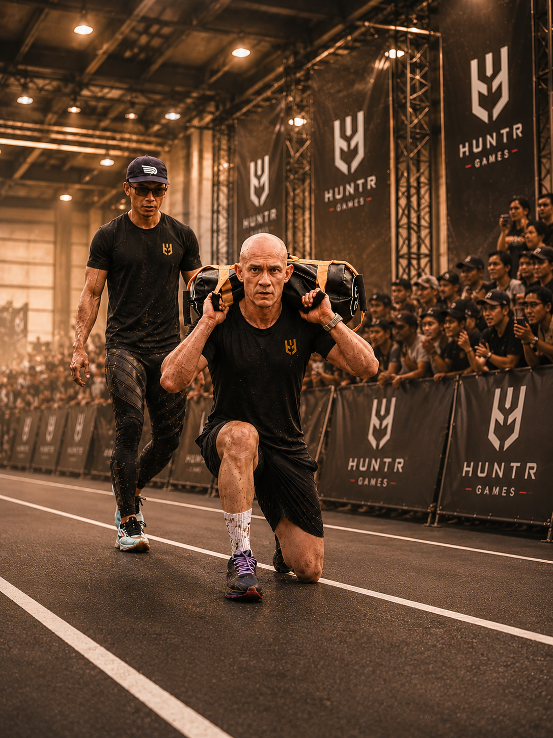 HUNTR athlete carrying a sandbag